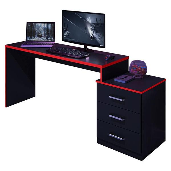 Imagem de Mesa para Computador Gamer DRX 5000 e Livreiro Office Preto Trama Vermelho - Móveis Leão