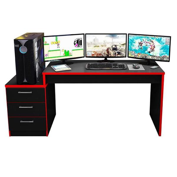 Imagem de Mesa para Computador Gamer DRX 5000 e Livreiro Office Preto Trama Vermelho - Móveis Leão