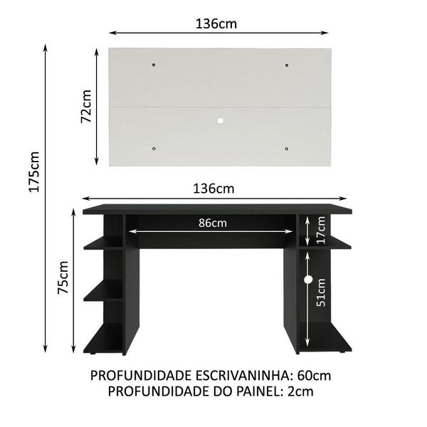 Imagem de Mesa para Computador Gamer Madesa 9409 e Painel para TV até 50 Polegadas - Preto/Branco