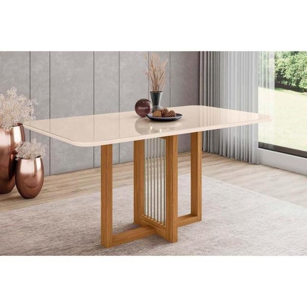 Imagem de Mesa para Cozinha Natalí SC71 + Tampo Madeirado Vidro Curvo 160x90cm Nature/Off White - Henn