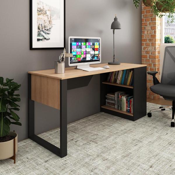 Imagem de Mesa para Escritório 160cm com 2 Prateleiras Tecnomobili Amêndoa/Preto - ME4182