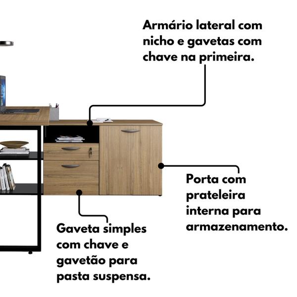 Imagem de Mesa para Escritório Diretor em L Dinâmica com Armário Lateral Pé Metálico