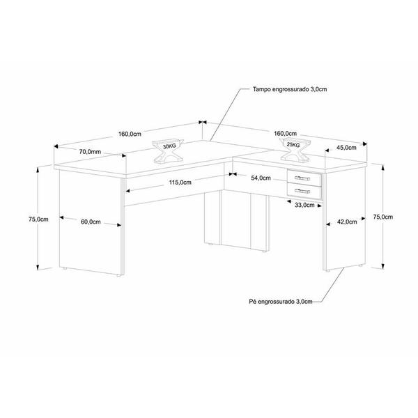 Imagem de Mesa Para Escritório Em L 1,60x1,60m Tampo E Pés 30mm C/gav.