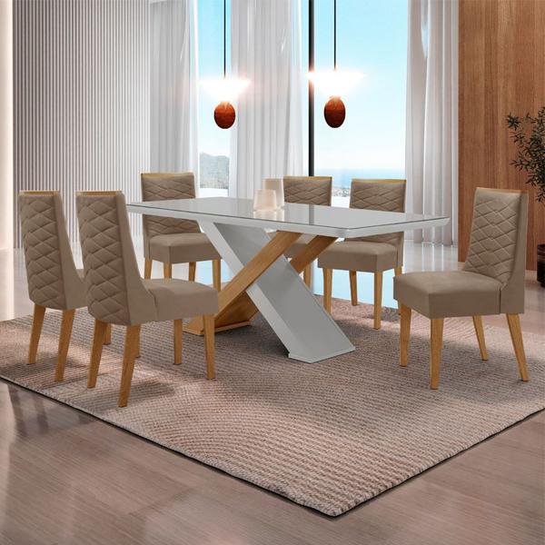 Imagem de Mesa para Sala de Jantar Carol 180cm MDF Canto Copo com Vidro e 6 Cadeiras Safira