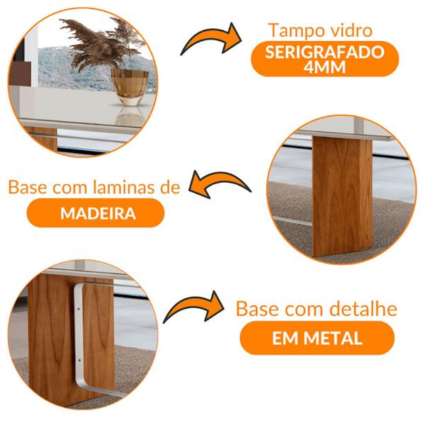 Imagem de Mesa para Sala de Jantar Pillar 220cm Madeira Com Vidro e detalhe em metal Moderna Mobília