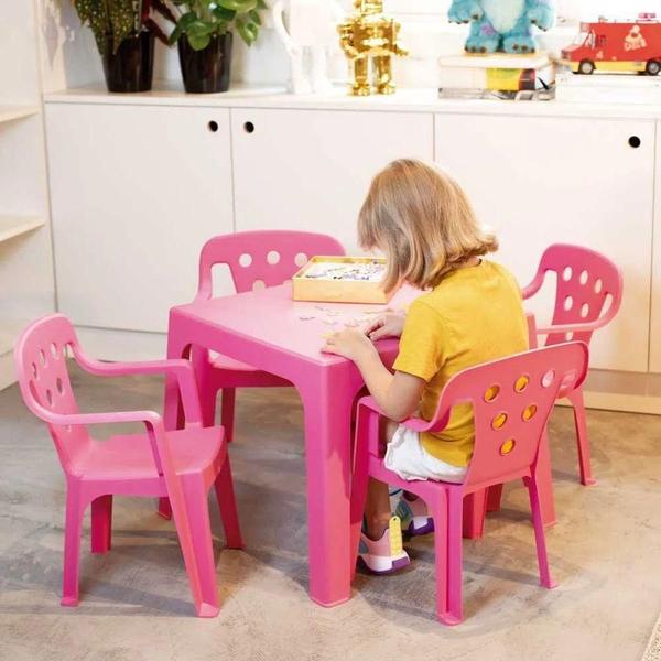 Imagem de Mesa Plástica Didática Infantil + 4 Cadeira Kids Rosa Mor