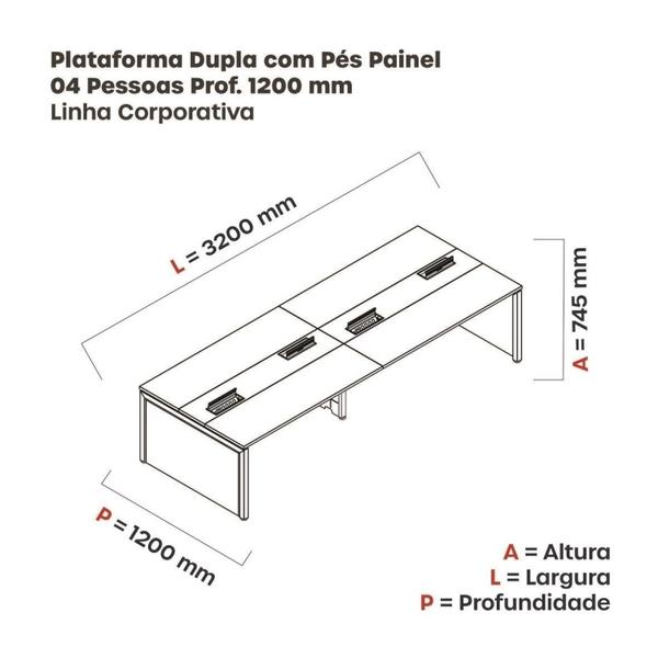 Imagem de Mesa Plataforma Dupla para 4 Lugares para Coworking 160x120/4p Grafito/Branco