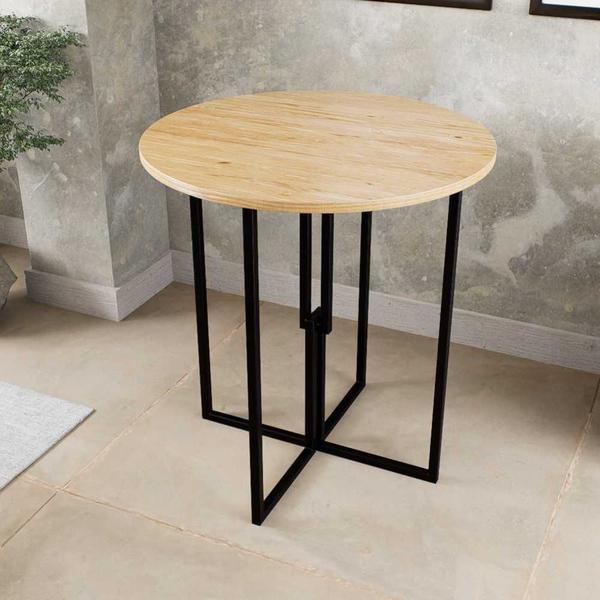 Imagem de Mesa Redonda Industrial 80cm Preto Tampo Madeira Pinus