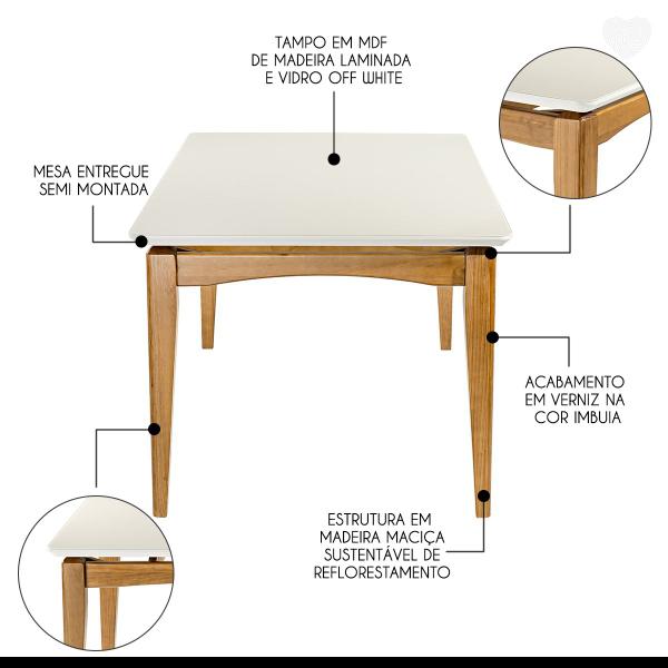 Imagem de Mesa Retangular com Tampo de Vidro Off White 180x100cm Madeira Maciça Imbuia