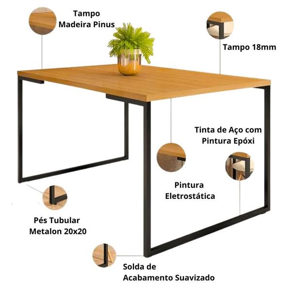 Imagem de Mesa Retangular Jantar Conjunto Ferro E Madeira Para 4 Lugares Versátil Resistente 