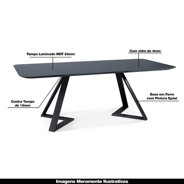 Imagem de Mesa Sala de Jantar 6 Lugares 180cm Tampo de Vidro Efron Preto G13 - Gran Belo