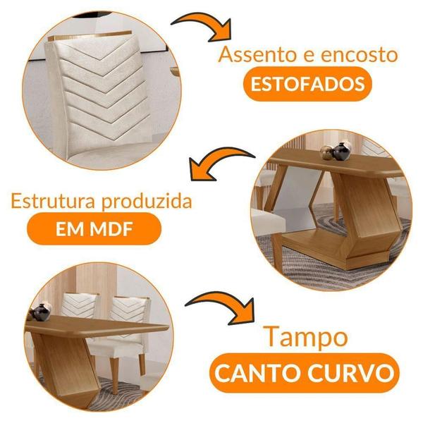 Imagem de Mesa Sala De Jantar Alvorada 180cm E 6 Cadeiras Liz Moderna Veludo Creme Off White Imbuia