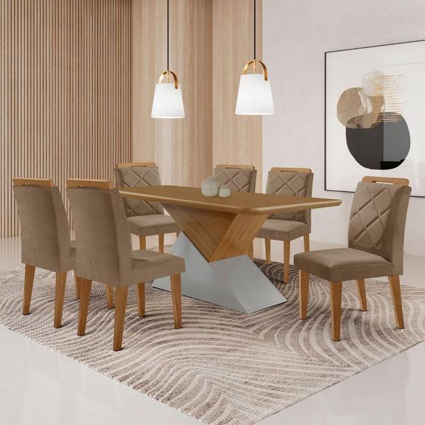 Imagem de Mesa Sala De Jantar Aster 180cm E 6 Cadeiras Melissa Moderna Veludo Capuccino Off White Imbuia