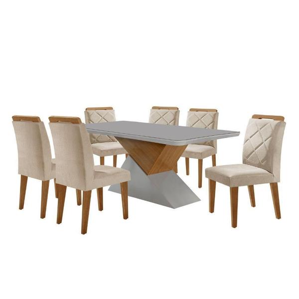 Imagem de Mesa Sala De Jantar Aster 180cm E 6 Cadeiras Melissa Moderna Veludo Creme Off White Imbuia