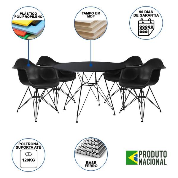 Imagem de Mesa Sala de Jantar Eames Eiffel Redonda 90cm Preta com 4 Poltronas Pretas Ferro Preto