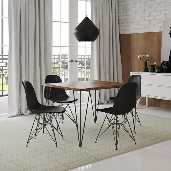 Imagem de Mesa Sala de Jantar Industrial Clips Quadrada Amêndoa 90 com 4 Cadeiras Eiffel Pretas de Ferro Preto