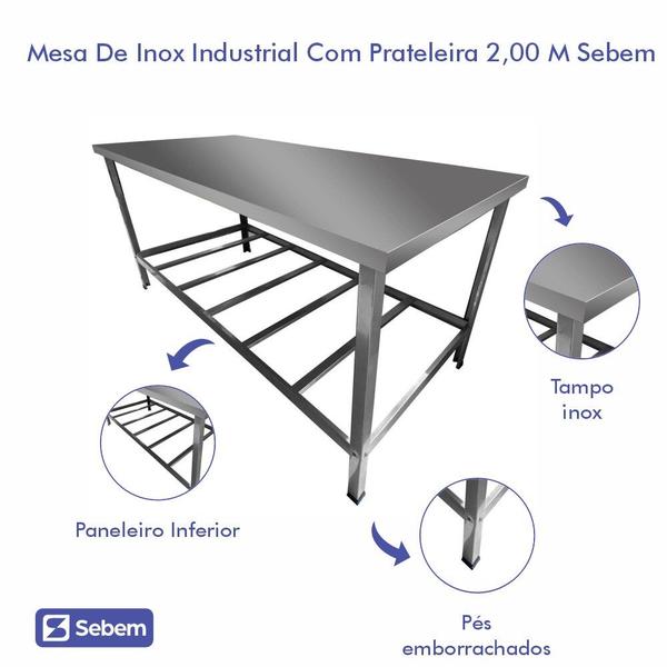 Imagem de Mesa Tampo Inox Industrial Para Açougue Com Prateleira 2 Metro Sebem