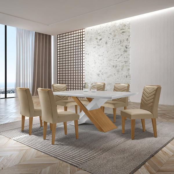 Imagem de Mesa Valentina 180 Tampo Mdf Canto Reto com 6 Cadeiras Monique Turim/Off White/Imbuia