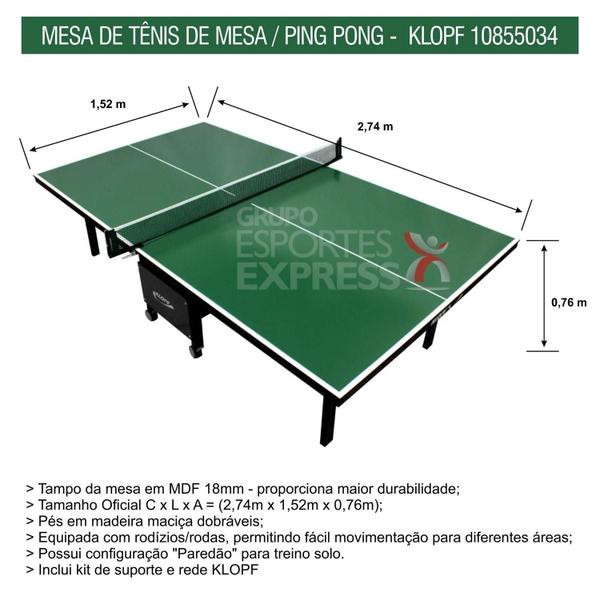 Imagem de Mesa Verde de Tênis de Mesa / Ping-Pong + Kit Suporte e Rede - Klopf - Cód.10855034