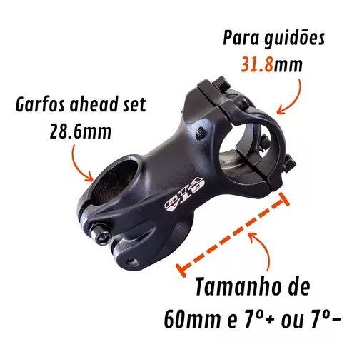 Imagem de Mesinha Bike MTB Curta 31.8mm x 60mm Suporte Guidão Curto Mesa Ahead Sem Rosca Alumínio GTA Preto