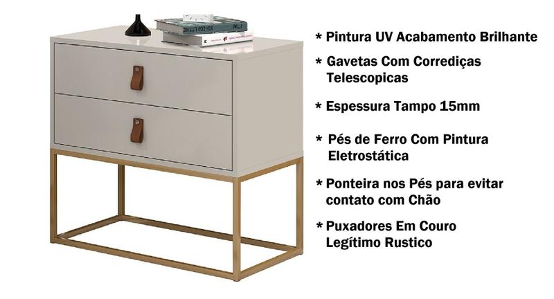 Imagem de Mesinha de Cabeceira Moderna Off White Pintura Brilhante Unic 60cm Puxadores Alça Em Couro Rustico Pé Dourado Decoração Atemporal