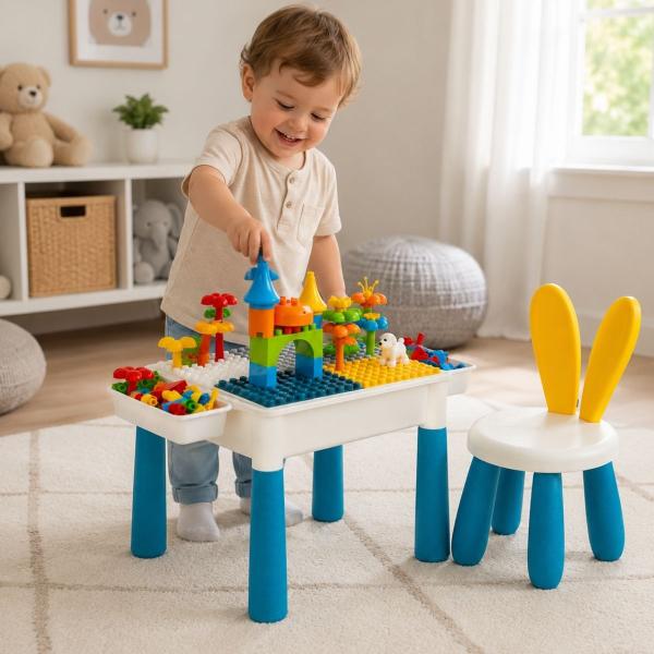 Mesinha Infantil Funcional Didática com Banquinho e Blocos de Montar - Brinq Kids
