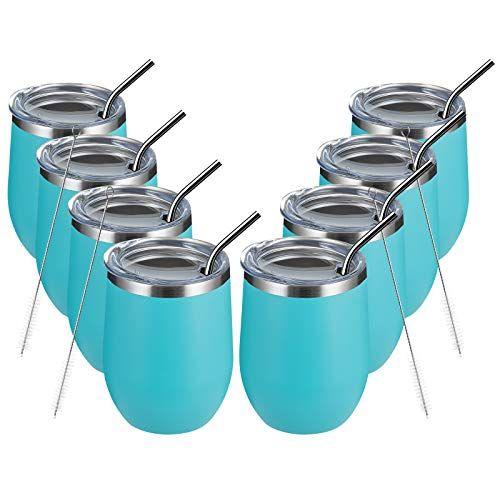 Imagem de MEWAY 12oz/8 Pack Copos de Copo de Vinho com Tampa - Sem Haste Parede Dupla Vácuo Aço Inoxidável Travel Tumbler - Mantendo Frio e Quente para Vinho, Café, Coquetéis, Presentes (Verde Claro, Conjunto de 8)