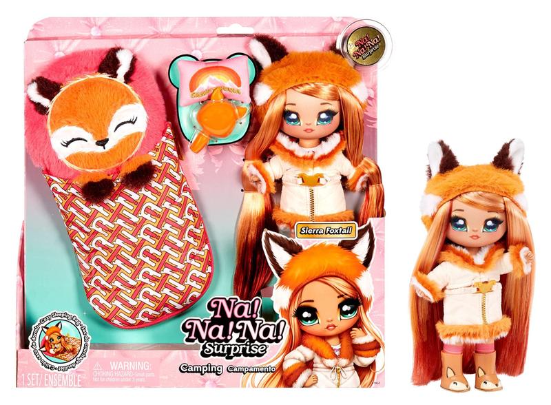 Imagem de MGA Entertainment Na Na Na Surprise Camping Dolls Sierra Foxtail - Boneca fashion inspirada na raposa de 7,5 com cabelo laranja e saco de dormir de pelúcia Fox, presente 2 em 1, brinquedo para crianças de 5 a 6 7 a 8 anos ou mais