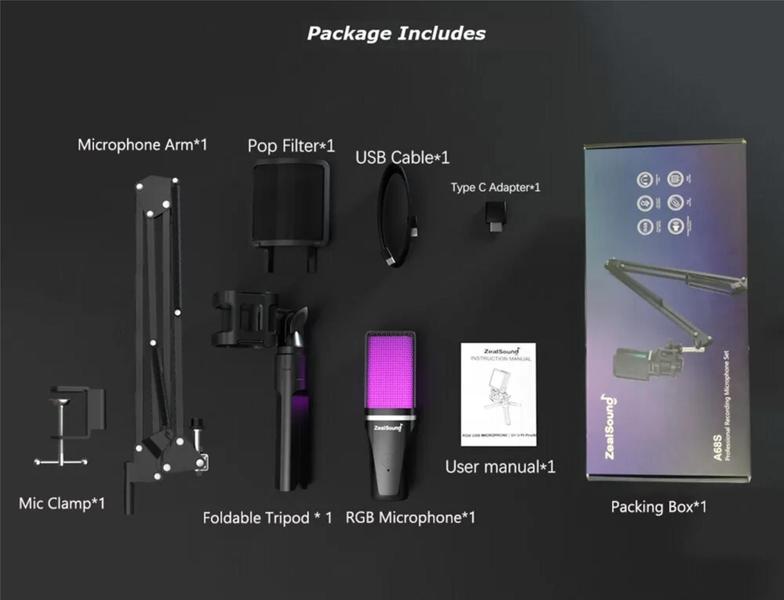 Imagem de Microfone Cond. Zealsound-RGB c/ Braço Articulado e Tripé