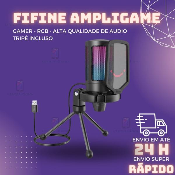 Imagem de Microfone Condensador ampligame Gamer Led Usb Com Pop Filter E Tripé jogos online lives podcast