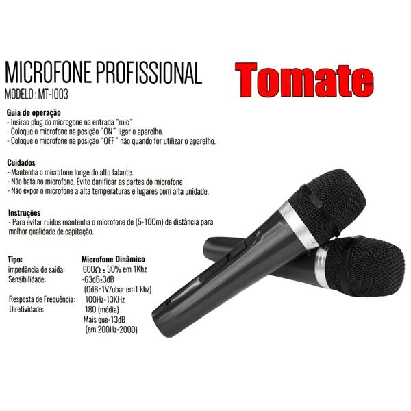 Imagem de Microfone Karaokê com fio Reforçado de 4 Metros Tomate - Kit com 2