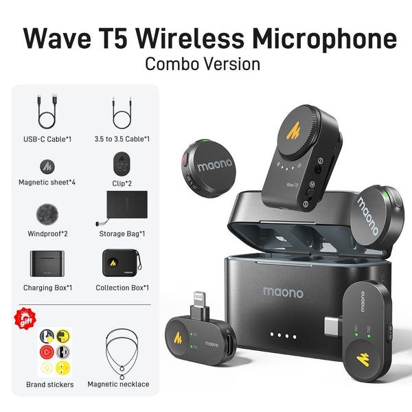 Microfone Lapela Sem Fio Maono Wave T5 Combo Câmera, USB Tipo-C e