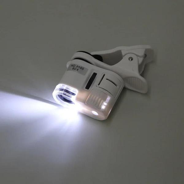 Imagem de Microscópio com Clip 60X LED e Luz UV - Lupa Universal para Joias e Celular