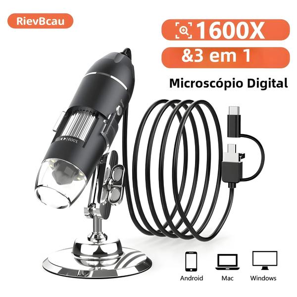 Imagem de Microscópio Digital 1600X 3 Em 1 Tipo C USB Microscópio Eletrônico Profissional Com Câmera