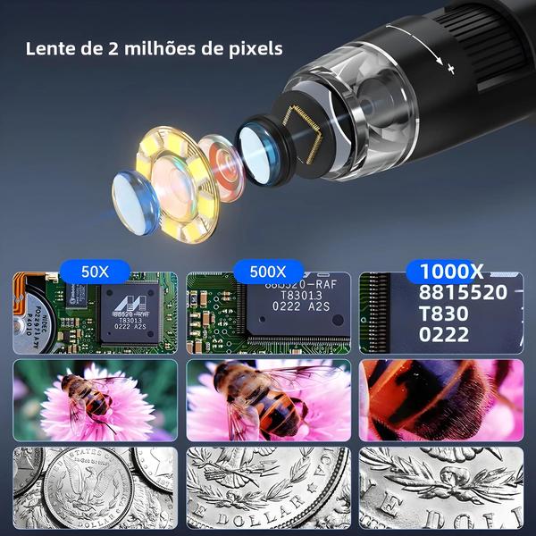 Imagem de Microscópio Digital 4,3" com 50x-1000x de Ampliação, Câmera 2MP e 8 LEDs - Gravação de Vídeo