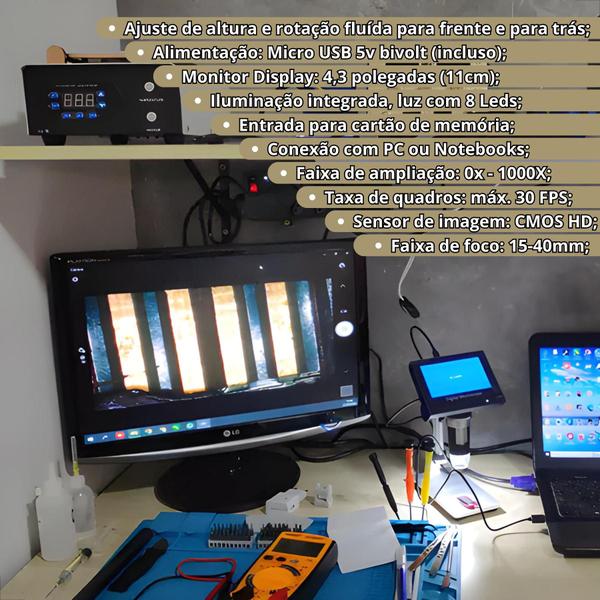Microscópio Digital Eletrônico USB 4,3 Polegadas Display LCD Zomm