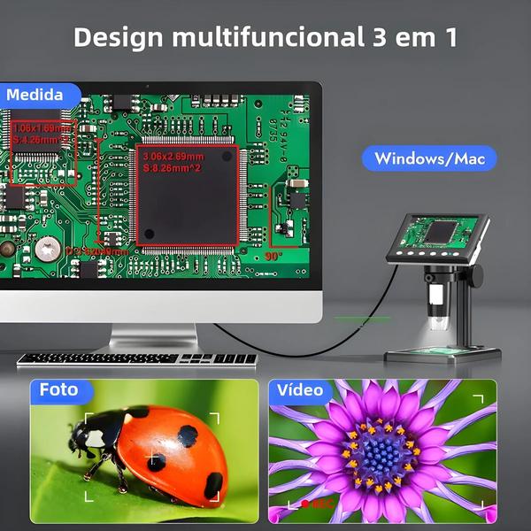 Imagem de Microscópio Digital HD 4,3" 1600x - 1080p USB com 8 LEDs para Solda (Compatível com Windows)