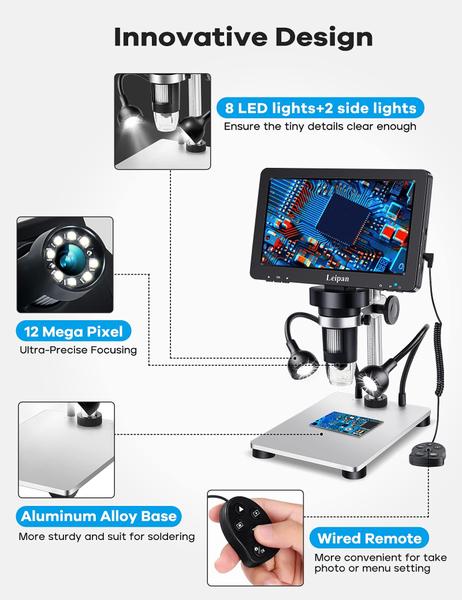 Imagem de Microscópio digital Leipan 1200X 12MP com tela LCD de 7"