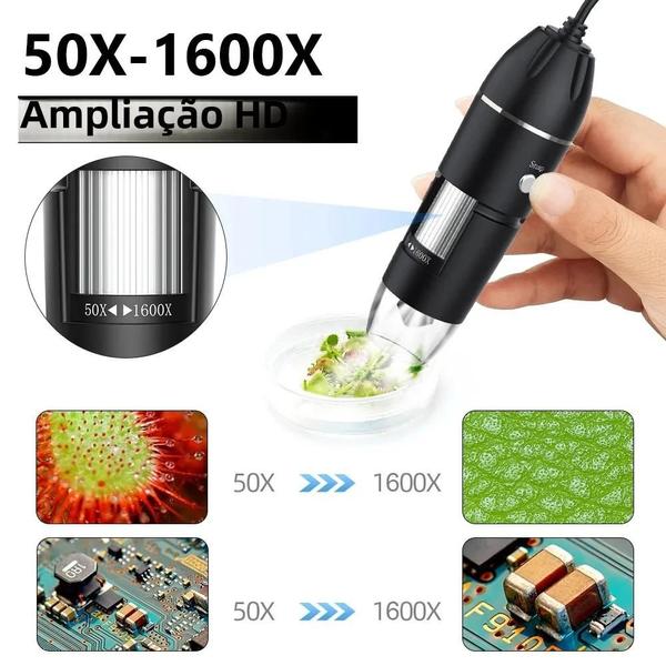 Imagem de Microscópio Digital Portátil 1600x 3 em 1 com LED - Lupa USB Tipo C para Solda