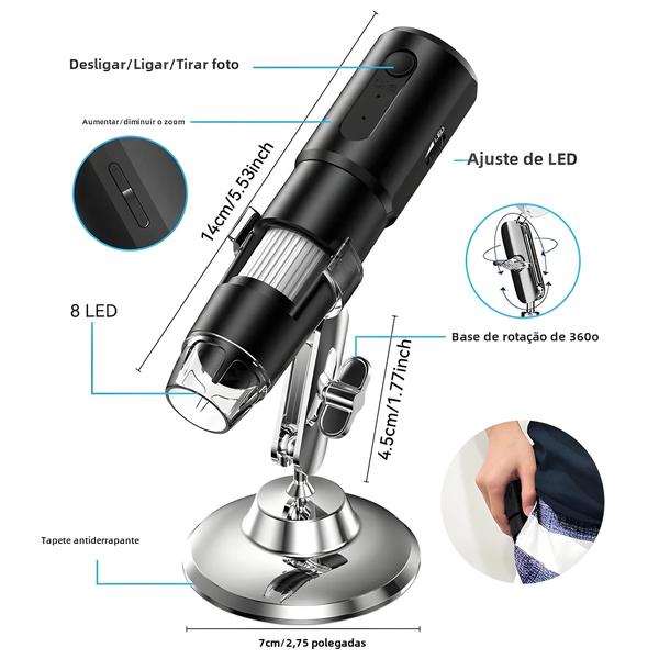 Imagem de Microscópio Digital Sem Fio 50x-1000x com Suporte Flexível - Compatível com Android, iOS, iPhone e PC