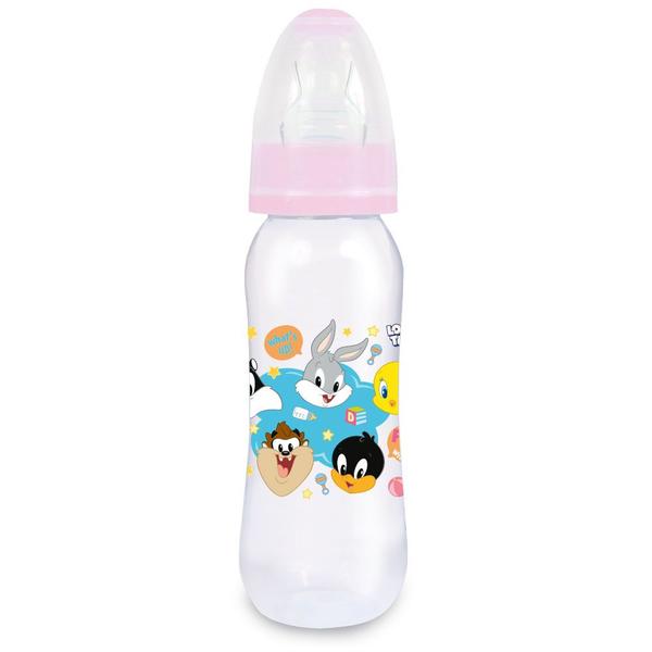 Imagem de Minha Primeira Mamadeira com Dois Bicos Ortodôntico + Convencional Macios Looney Tunes Rosa 240ml BabyGo