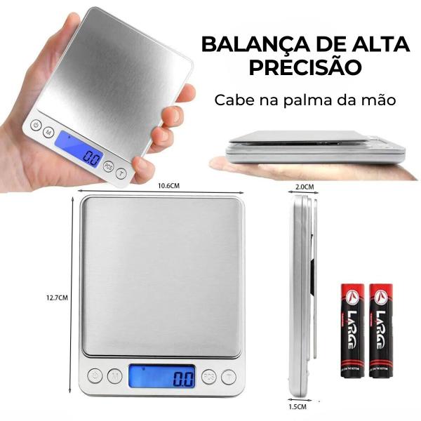 Imagem de Mini Balança Digital de Cozinha Portátil de Alta Precisão 0,1g até 2kg Multiuso Doméstico Alimentos Joias - Pilhas Inclusas