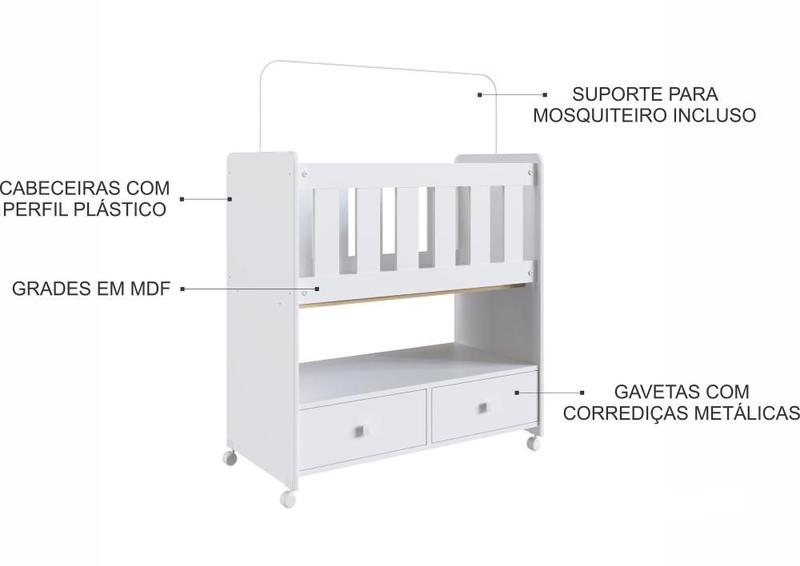 Imagem de Mini Berço 2 Gavetas com Colchão Moisés Completa Móveis Branco