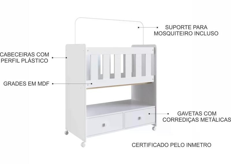 Imagem de Mini Berço Moisés com Colchão e 2 Gavetas - Branco