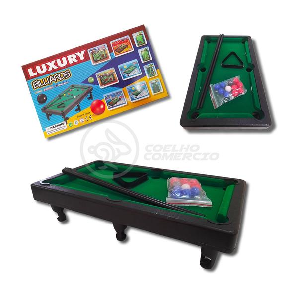 Mini Bilhar Luxury Billards Champion 30x17 Mesa de Sinuca Infantil com 11 Bolas 1 Tripé 2 Tacos - Pequena Imagem de Mini Bilhar Luxury Billards Champion 30x17 Mesa de Sinuca Infantil com 11 Bolas 1 Tripé 2 Tacos - Pequena