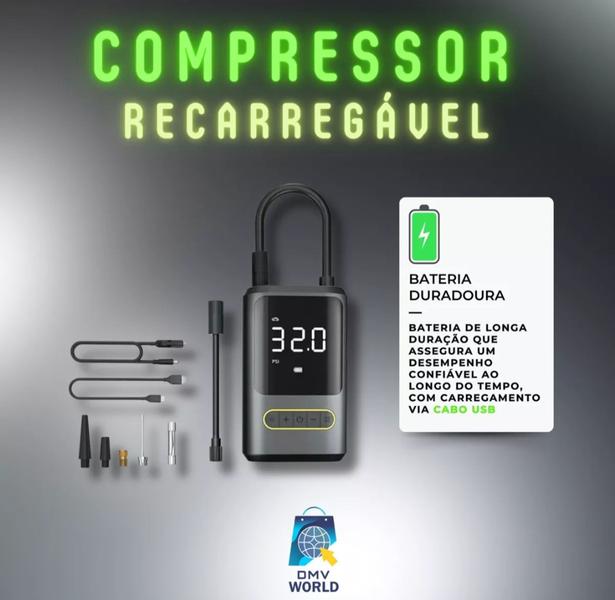 Imagem de Mini Calibrador Compressor de Pneu Digital Carro Moto Bike Inflador Sem Fio