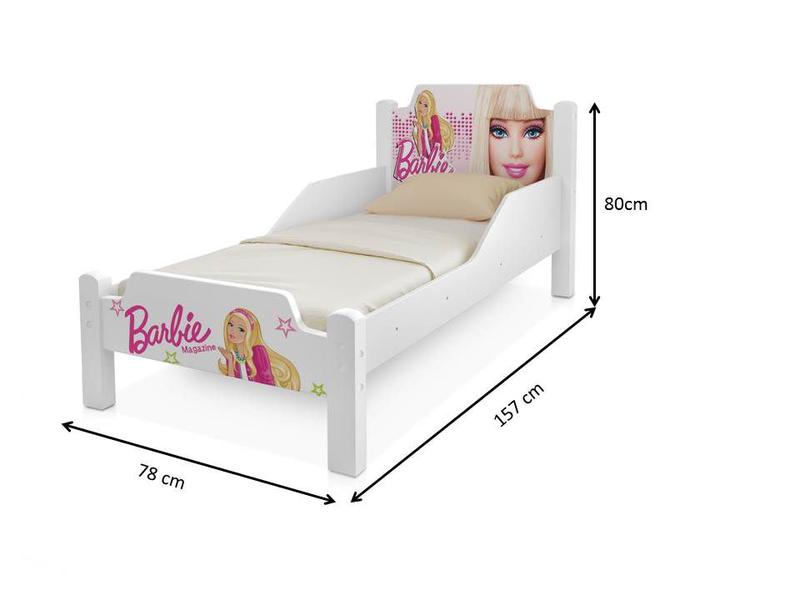 Imagem de Mini cama branca com adesivo da barbie proteção lateral colchão incluso