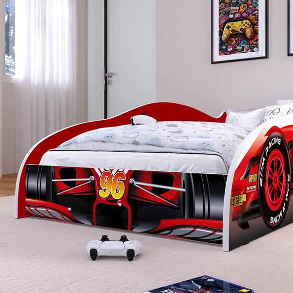 Imagem de Mini Cama Carro Infantil F96 MDF Montessoriana Segura Decoração Piloto de Corrida Quarto Menino - Vermelho - RPM Móveis