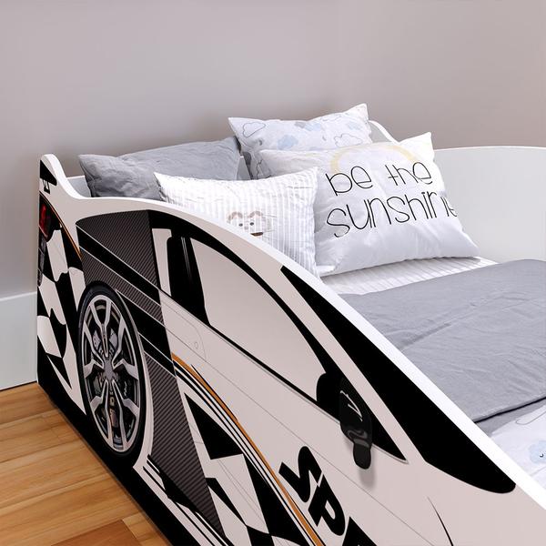 Imagem de Mini Cama Carro Infantil Speedy MDF Montessoriana Proteção Lateral Colchão Incluso Decoração Quarto Menino - Branco - RPM