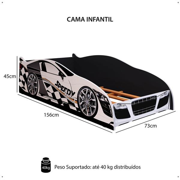 Imagem de Mini Cama Infantil Carro Corrida Speedy MDF Montessoriana Proteção Lateral Decoração Kids Tema Quarto Menino - Branco/Preto  RPM